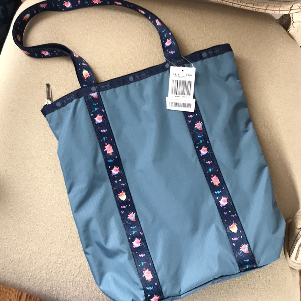 Lesportsac Blue Tote with Navy Floral Trim